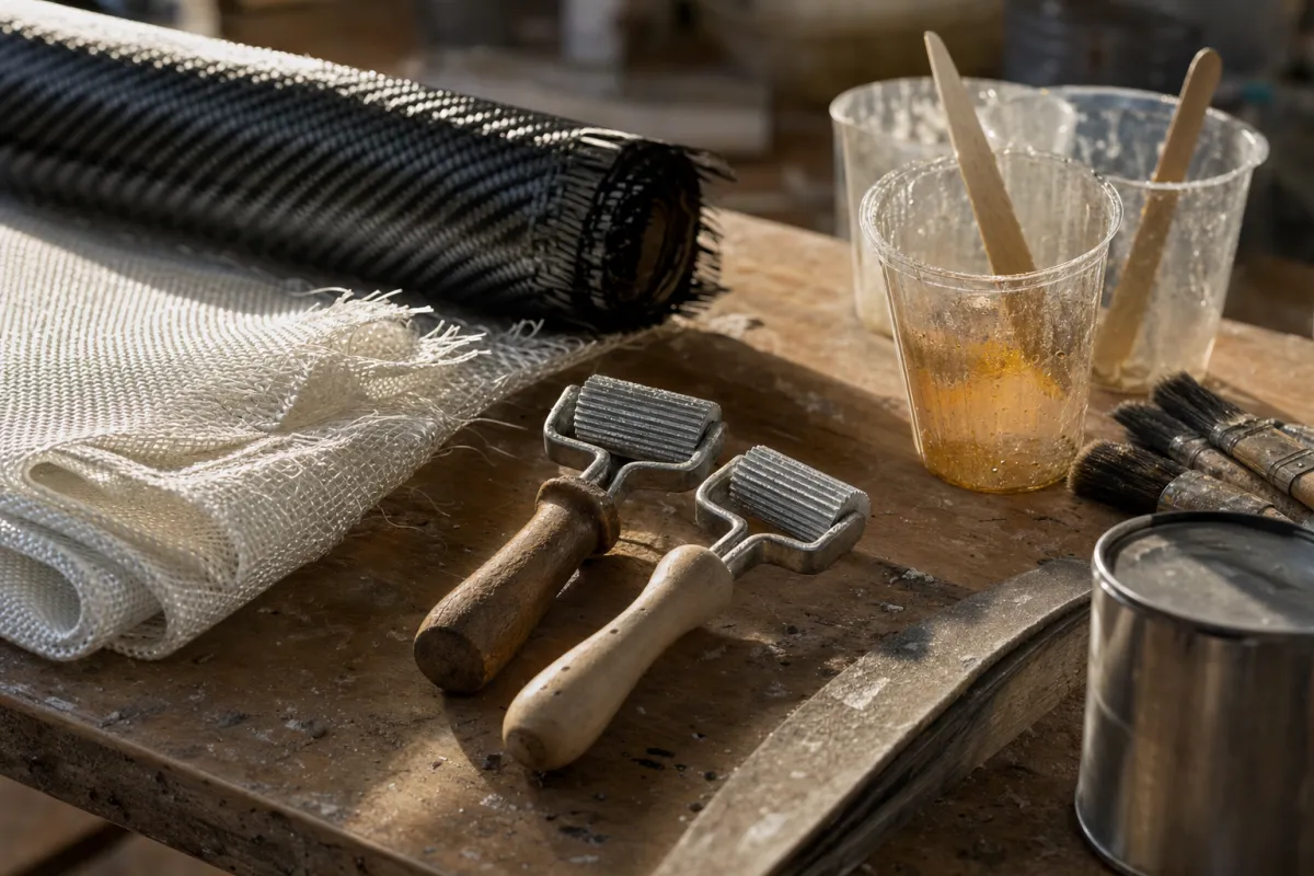 Fibreglass cloth, carbon twill, laminating rollers and resin cups on a workbench