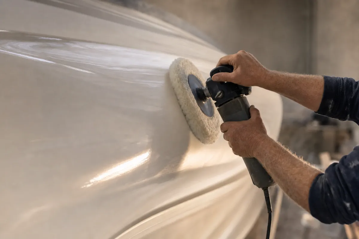 A rotary polisher bringing white gelcoat on a boat hull up to a mirror gloss