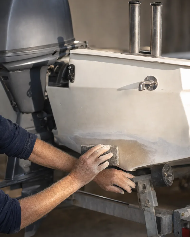 Hands sanding a faired repair on the stern of a small fishing boat on its trailer, beside the outboard and rod holders